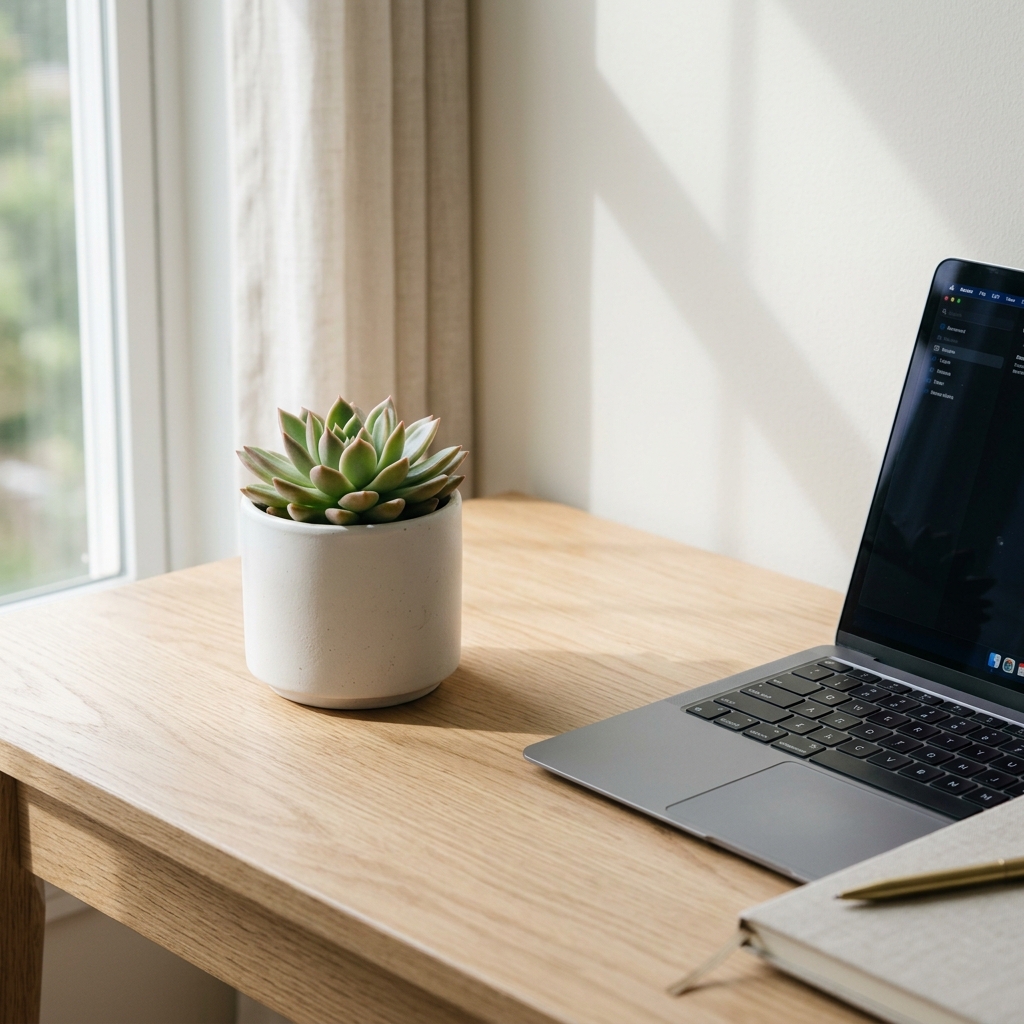 Succulent plant and laptop on wooden desk