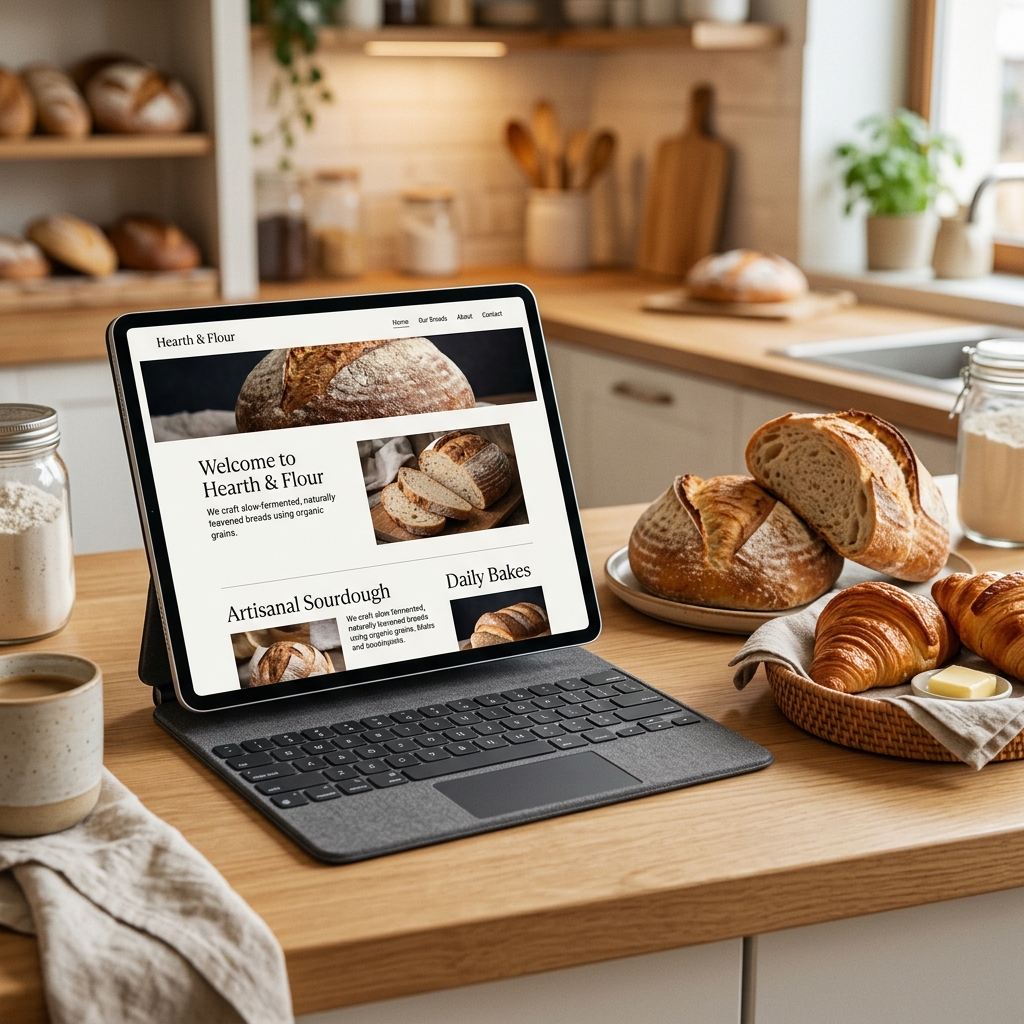 Tablet displaying Hearth & Flour website next to fresh sourdough bread